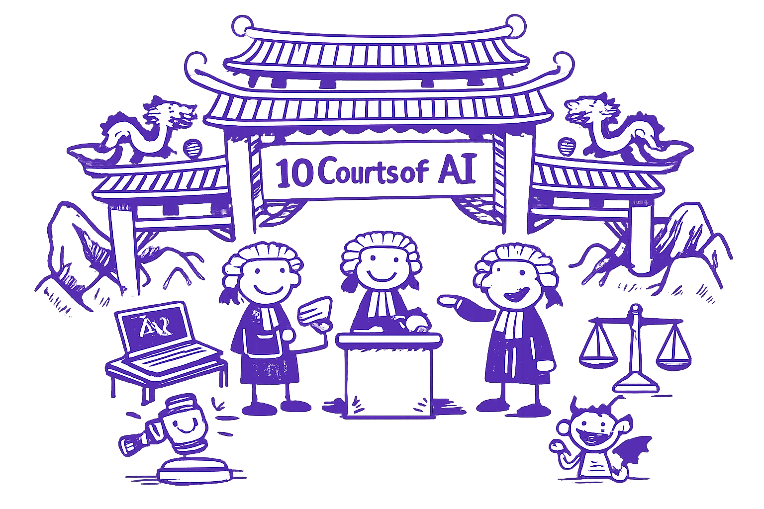 LawParVilla — The Ten Courts of AI, illustrated in whimsical purple sketch style showing lawyers at the gates of the AI courts